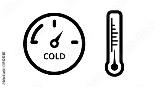 Cold Temperature Icons Showing a Dial Gauge and Vertical Liquid Thermometer