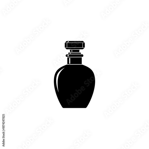 Minimal black silhouette of a vintage perfume bottle, flat vector, clean edges