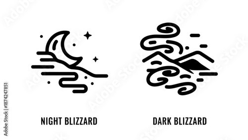Night Blizzard and Dark Winter Storm Icons with Moon and High Wind