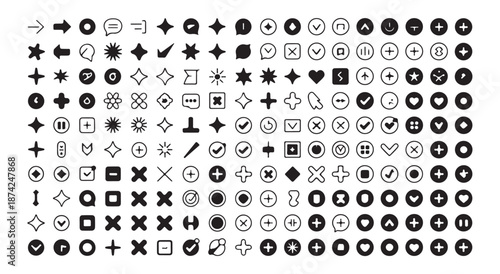 Set of minimalist linear and filled icons including arrows speech bubbles geometric shapes and user interface symbols