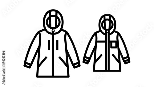 Long Winter Overcoat and Parka Icons for Warm Outerwear Apparel and Clothing