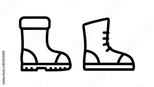 Black and White Vector Outline Icons of Winter Work Boots and Rubber Rain Boots for Outdoor Protection