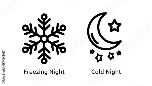 Freezing and Cold Night Icons Featuring Snowflake and Crescent Moon with Stars for Weather Apps
