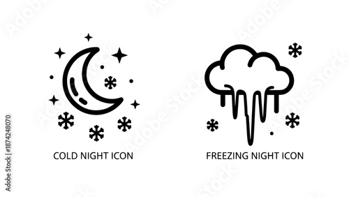 Cold Night and Freezing Weather Icons with Moon Stars and Icicle Cloud for Seasonal Atmosphere