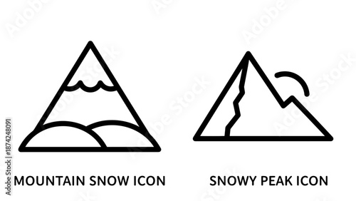 Mountain Snow and Snowy Peak Outline Icons Representing High Altitude and Winter Travel Destinations