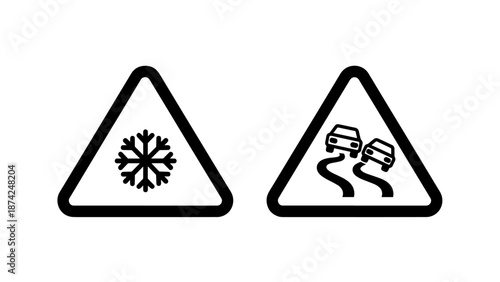 Winter Road Safety Warning Signs for Icy Conditions and Slippery Surfaces Vector Illustration