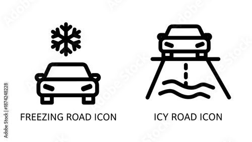 Freezing Road and Icy Surface Driving Hazard Icons Representing Winter Traffic Safety Challenges