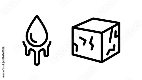 Melting Water Drop and Cracked Ice Cube Line Icons Representing Change of State and Thawing
