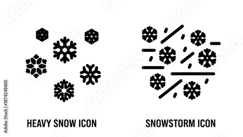 Heavy Snow and Snowstorm Weather Icons with Flurry and Wind Displacement Symbols