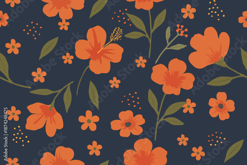 Bold seamless floral pattern with orange blossoms, delicate leaves, and small flowers on a deep navy background, creating a modern and elegant botanical style.