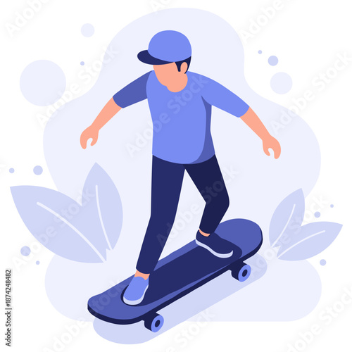 Young caucasian male skating on blue skateboard with hat in minimalist illustration style
