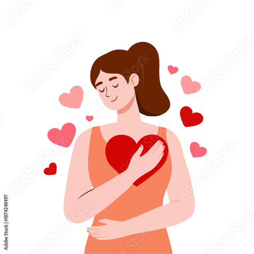 Woman embracing self-love and inner peace with a gentle hug to her heart