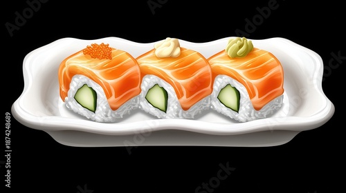 Delicious Japanese sushi rolls on a white ceramic plate