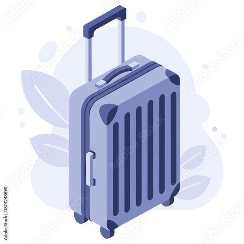 Blue hard-shell suitcase with wheels and telescopic handle on abstract background