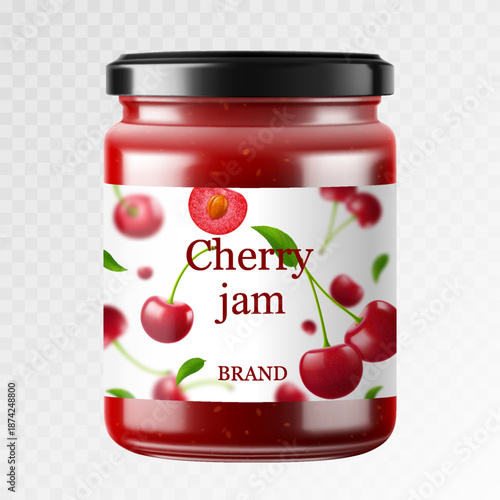 Cherry jam in glass jar and fresh berry isolated on white background. Realistic 3d vector Illustration. Glass Jar with Preserved Cherry Compote or Jam, confiture or marmalade .