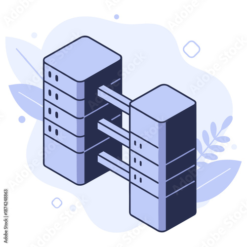 Abstract server room design with connected data towers in modern technology theme