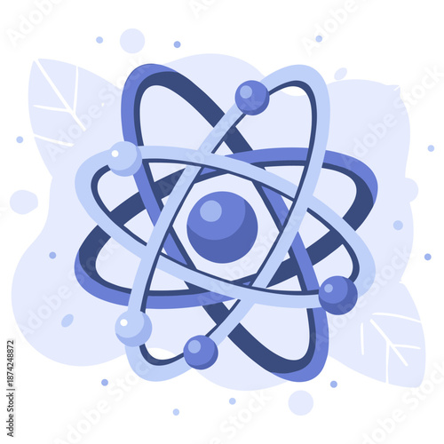 Blue atomic structure illustration with orbiting electrons on abstract background