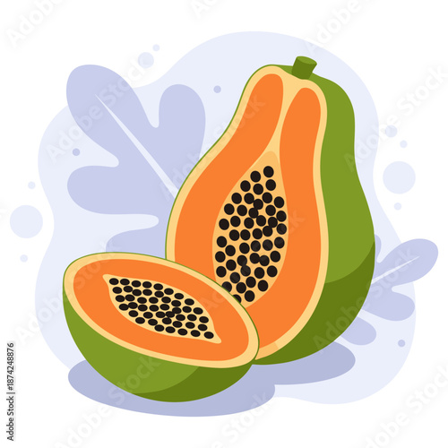 Fresh cut papaya with seeds on abstract background