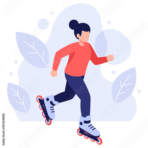 Asian female adult rollerblading outdoors in pink sweater