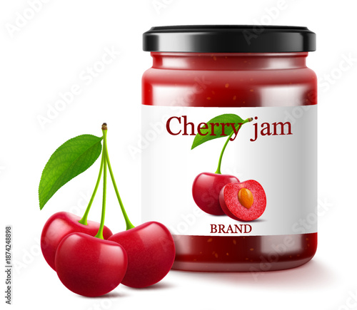 Cherry jam in glass jar and fresh berry isolated on white background. Realistic 3d vector Illustration. Glass Jar with Preserved Cherry Compote or Jam, confiture or marmalade .