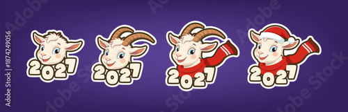 Vector holiday set of cartoon cute cuddly little goats, ram and lamb in Santa hat and scarf. Chinese symbol of new year. Festive toon pets. Collection stickers 2027