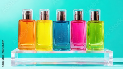 Colorful perfume bottles displayed on an acrylic shelf in studio