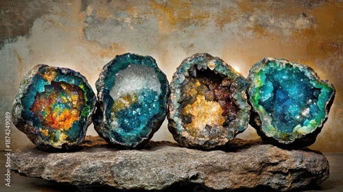 Cluster of naturally formed geodes displaying vibrant crystal interiors on a rough stone surface