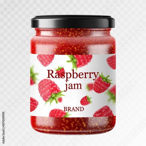 Raspberry jam in a glass jar and fresh berries isolated on white background. Realistic 3d Vector illustration of sweet homemade preserve. Preserved raspberry Compote or Jam, confiture or marmalade .