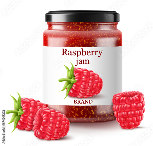 Raspberry jam in a glass jar and fresh berries isolated on white background. Realistic 3d Vector illustration of sweet homemade preserve. Preserved raspberry Compote or Jam, confiture or marmalade .