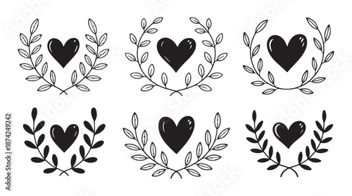Collection of hand drawn laurel branches with heart center for organic branding and romantic wedding design elements