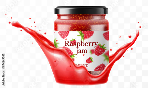 Glass Jar with Preserved raspberry Jam in a splash of raspberry juice isolated on transparent background. raspberry jam or Compote in glass jar with black lid. Realistic 3d vector Illustration.
