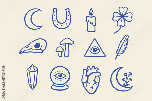 Mystic symbols set doodle outline vector illustration