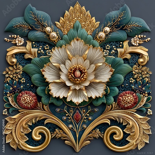 Wallpaper Mural Decorative teal gold floral emblem classic art high resolution image Torontodigital.ca