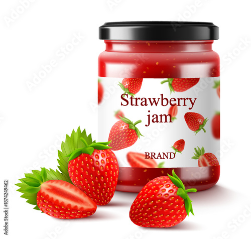 Strawberry jam in a glass jar and fresh berries isolated on white background. Realistic 3d Vector illustration of sweet homemade preserve. Preserved strawberry Compote or Jam, confiture or marmalade .