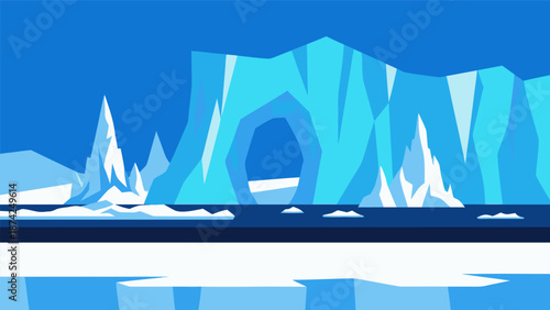 Vast Iceberg Landscape Vector Illustration with Archway in Frozen Arctic Ocean Scenery