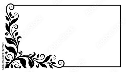 Ornate floral corner frame design with leaves in black and white, vector.
