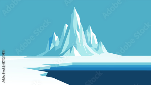 Stunning vector illustration of an icy mountain landscape on a frozen lake with cracked ice, cold environment