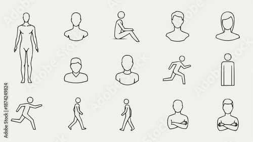 Collection of Human Figure Icons and Silhouettes Representing Various Poses.