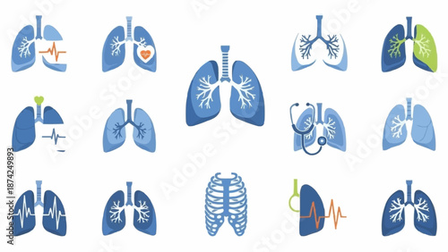 Collection of human lung icons and illustrations representing health and disease.