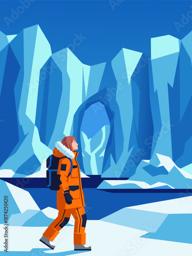 Arctic exploration vector illustration of a person in warm clothing trekking through icy terrain towards a glacial cave