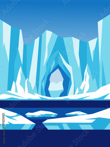 Stunning Arctic cave vector illustration with icy landscape and frozen water, a captivating digital art piece