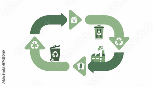 Eco-friendly recycling process with factory and trash cans illustrating circular economy