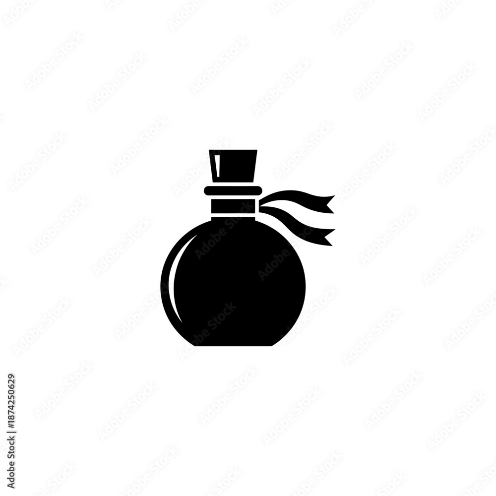 Obraz premium Black silhouette of a perfume bottle with ribbon, simple flat icon design