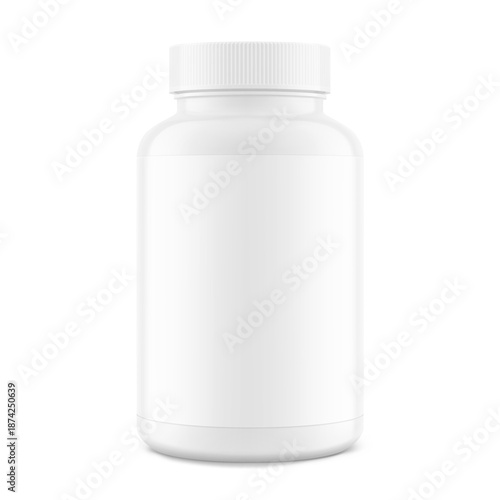 Plastic packer pill bottle mockup with child resistant cap and label for treats, vitamins, supplements. Vector illustration isolated on white background. Mockup is ideal for health projects. EPS10.