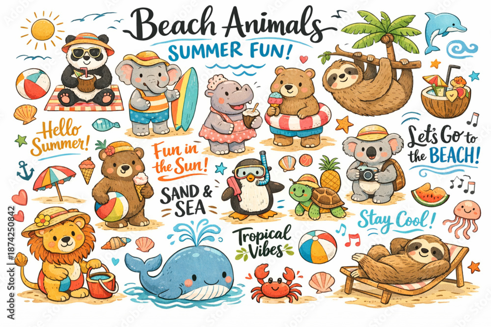 Obraz premium Hand Drawn Beach Animals Summer Set with Calligraphy Elements