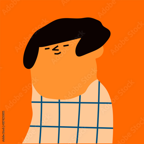 Young person with dark hair, checkered shirt. Square portrait. Cute character. Trendy modern art. Cartoon, abstract contemporary style. Avatar, icon, logo template. Hand drawn Vector illustration