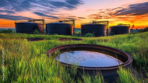 Large industrial storage tanks in a grassy field at sunset with reflection in a foreground container