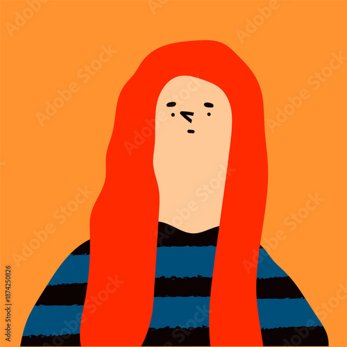 Young person with red long hair, striped shirt. Square portrait. Cute character. Trendy modern art. Cartoon, abstract contemporary style. Avatar, icon, logo template. Hand drawn Vector illustration