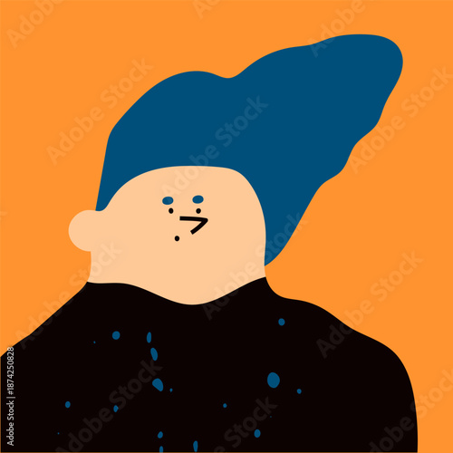 Young person with blue hair, black shirt. Square portrait. Cute funny character. Trendy modern art. Cartoon, abstract contemporary style. Avatar, icon, logo template. Hand drawn Vector illustration