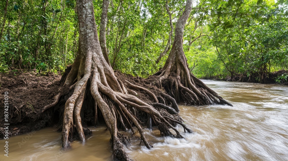 Fototapeta premium Gnarled tree roots exposed by the force of floodwaters on a riverbank in a lush forest environment